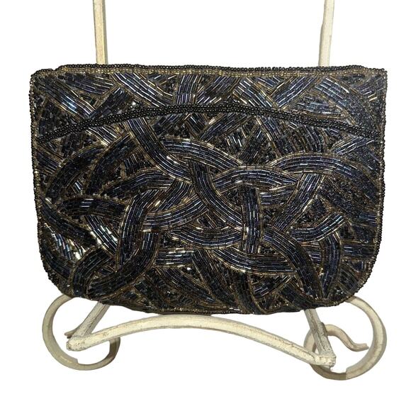 Beaded Clutch Black Blue Gold Hand Beaded Throughout Handbag Purse Evening Party - Picture 4 of 9